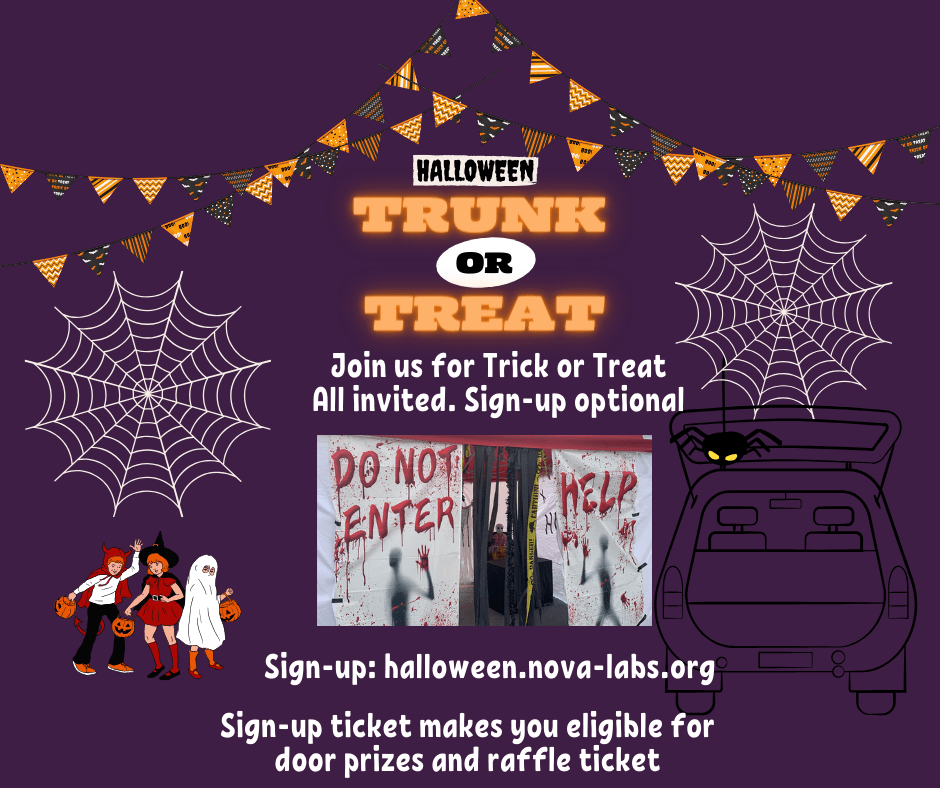 Nova Labs Trunk or Treat informational graphic featuring a dark purple background, spider webs, and orange font that says "trunk or treat"