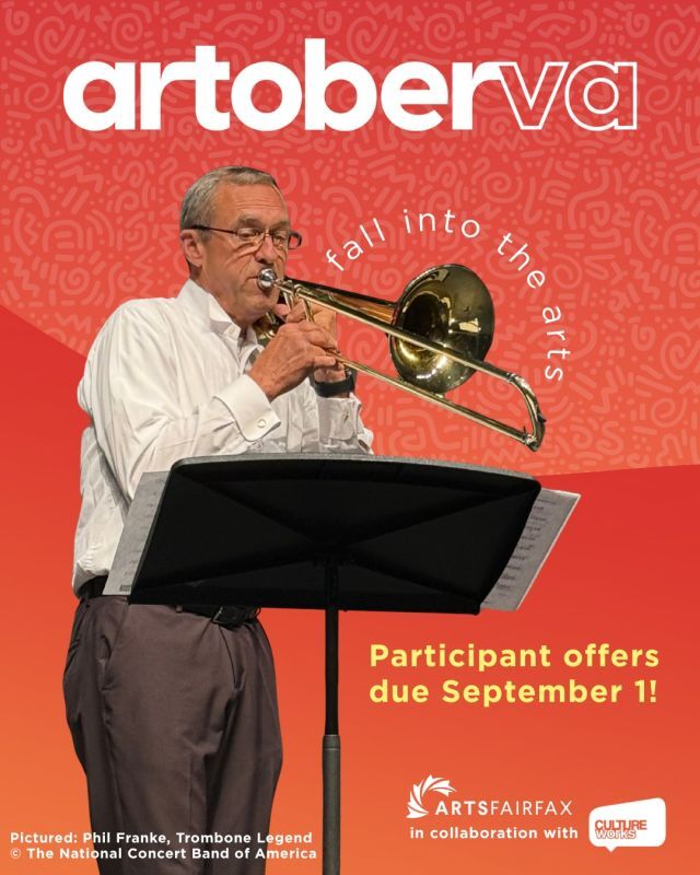 Calling local artists and arts organizations! 📣 Have you applied to participate in artoberVA yet? Offers due September 1.

This October, artoberVA will be back and better than ever with a month-long celebration of the arts for #NationalArtsAndHumanitiesMonth! As a participant, you'll receive free promotional support from ArtsFairfax, including visibility through our marketing channels, social media, events calendar, and campaign publicity. 

➡️ To benefit from all the available artoberVA promotions, please visit the form linked in our bio to learn more and submit your offer by September 1.

Pictured: Phil Franke, Trombone Legend (c) @nationalconcertband
#ArtsFairfax #artoberVA #LocalArts #DMVArts