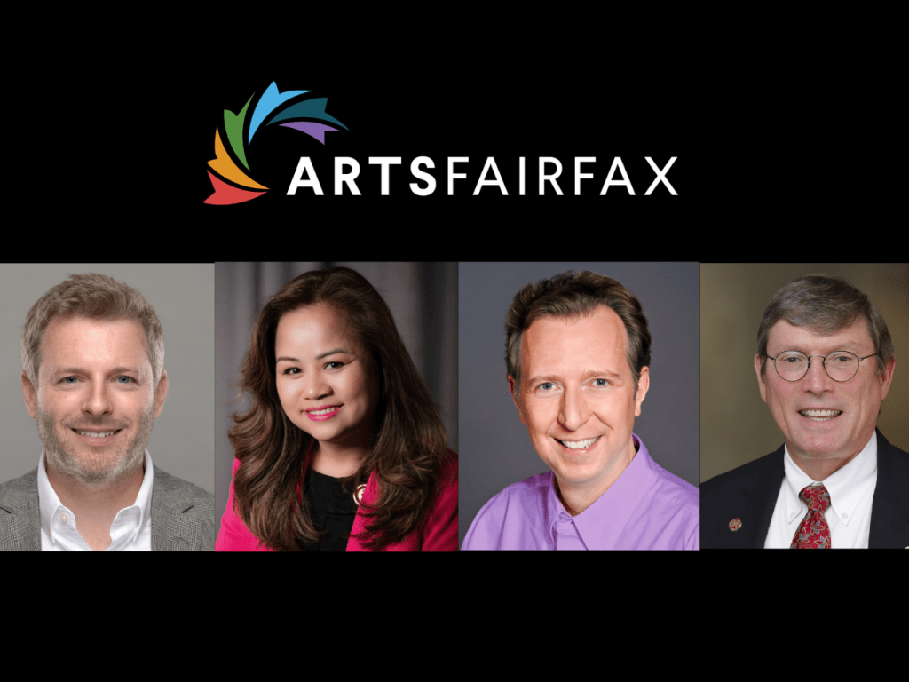 Four headshots appear beneath the ArtsFairfax logo. From left to right is a white man with light brown hair, a Vietnamese woman with long dark hair, a white man with dark brown hair, and a white man with light brown hair and wireframe glasses.
