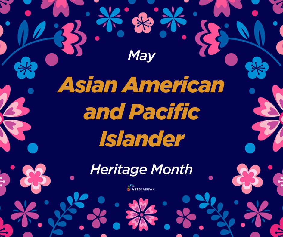 Graphic with a vibrant blue background featuring assorted flowers in bloom