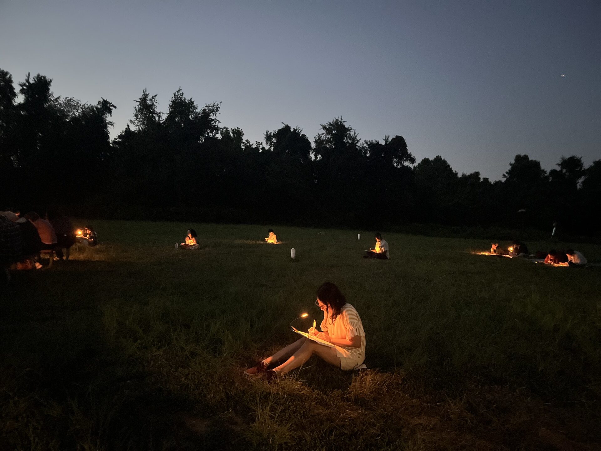 In the foreground a person in a striped shirt sits on a field of grass. They are bent over writing in a notebook with an amber glow from a booklight. In the background are several glowing amber lights where other writers sit. You can see the outline of a forest of trees in the background.