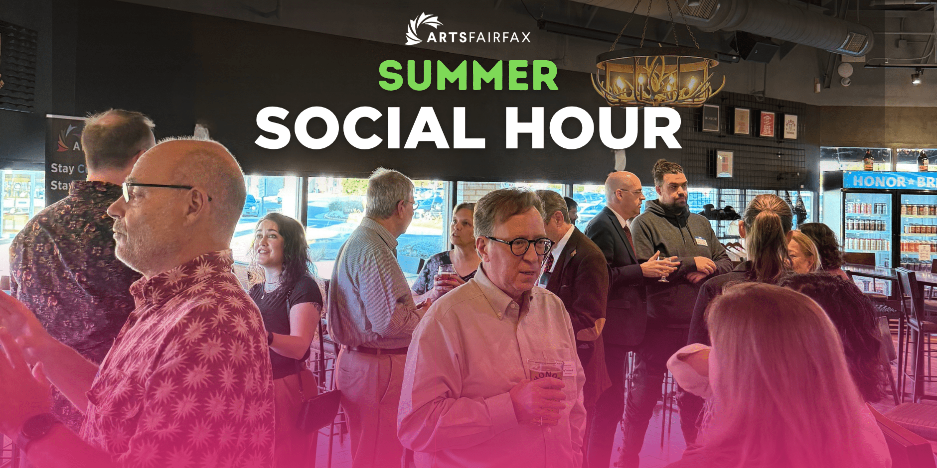 A crowd mingles at a restaurant with text overlay that has the ArtsFairfax logo and says "Summer Social Hour."