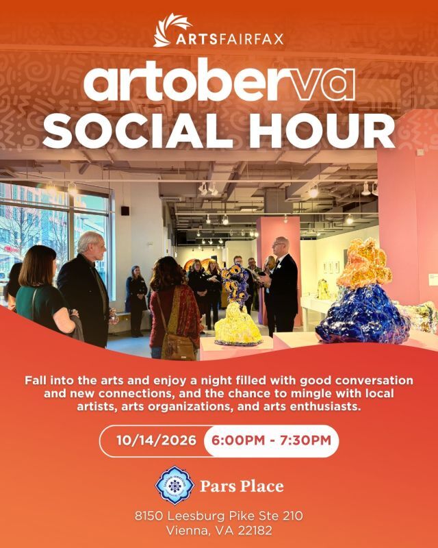 Celebrate artoberVA and get connected with the local arts community at the ArtsFairfax Social Hour at @theparsplace! 🤝 

Enjoy a night filled with good conversation, new connections, and the chance to mingle with local artists, arts organizations, and arts enthusiasts. 💬 Guests will also have the opportunity to view art from the Aryan Gallery.

This event is free to attend. Complimentary refreshments available, provided, in part, by artoberVA culinary partner @tysons.creamery. 🍦 

Special thanks to our host site, Iranian-American Community Center: Pars Place, which serves as a hub for educational activities, cultural events, and community services. 

📆 Wednesday, October 14 
🕕️ 6:00pm - 7:30pm
📍 Pars Place (Iranian-American Community Center)
 
➡️ RSVP today at the link in our bio!

#ArtsFairfax #artoberVA #LocalArts #DMVArts #Networking