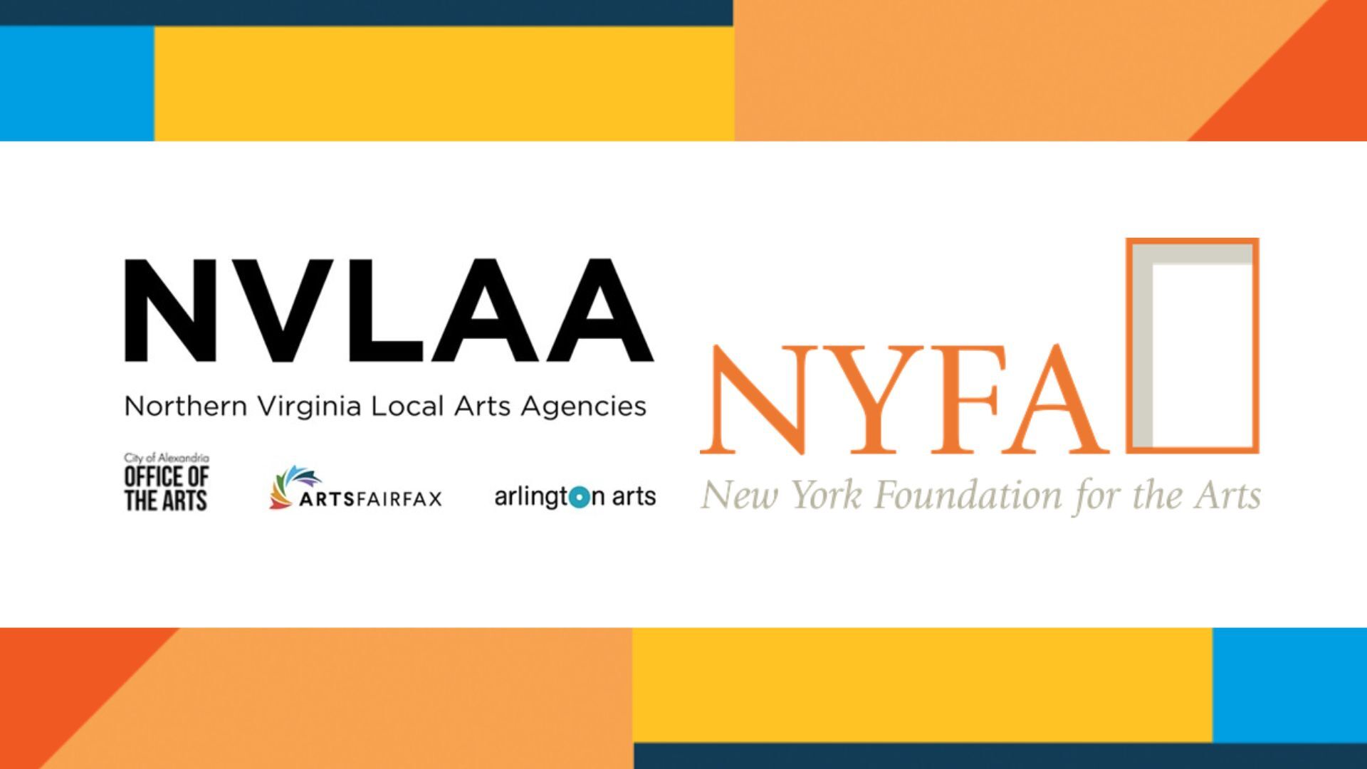 A graphic with blue, yellow and orange shapes with a white band in the middle containing a logo for Northern Virginia Local Arts Agencies and New York Foundation for the Arts