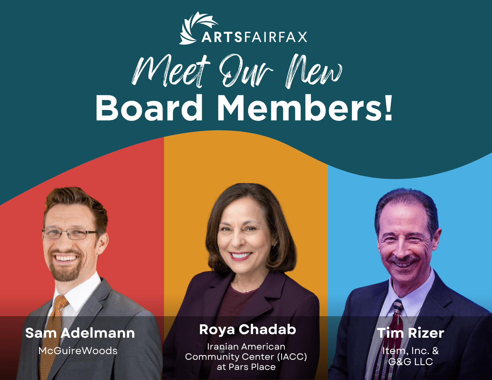a graphic includes the images of three people and the text "Meet Our New Board Members: Sam Adelmann, McGuireWoods; Roya Chadab, Iranian American Community Center (IACC) at Pars Place; and Tim Rizer, Item, Inc. and G&G LLC"